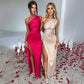 Sexy One-shoulder Backless Split Dress Summer Elegant Slim-fit Solid Color Satin Dresses For Women