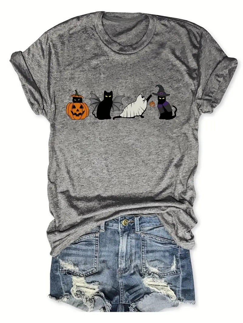 Halloween Black Cat And Pumpkin Printed Round Neck Short Sleeve