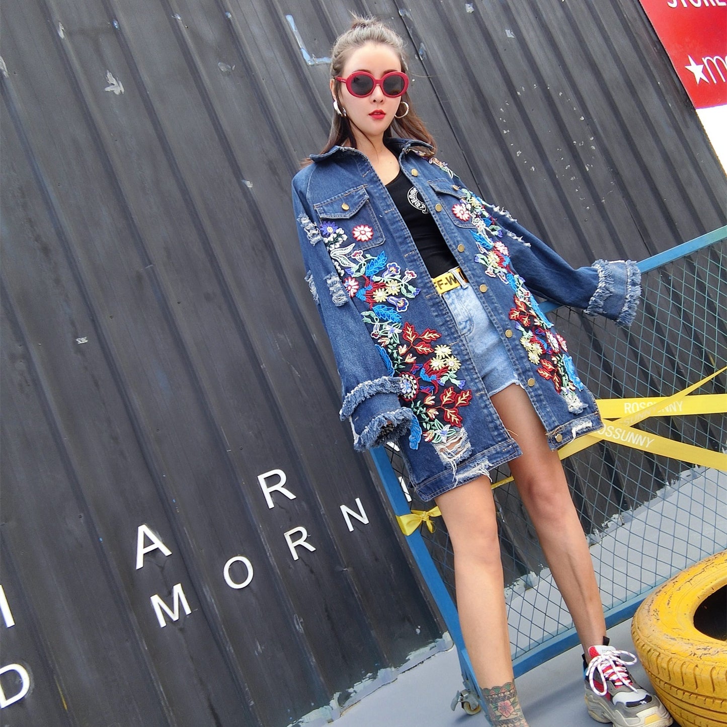 Machine Embroidery Ripped Mid-length Street Denim Coat