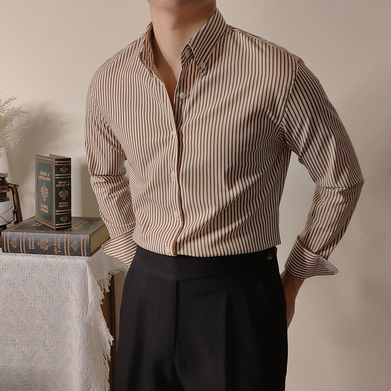 Slim Fitting Coffee Striped Shirt For Men