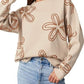 Women's Casual Round Neck Long Sleeved Floral Printed Coarse Knitted Pullover Sweater