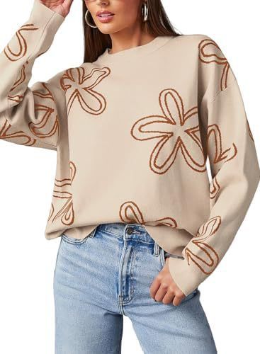 Women's Casual Round Neck Long Sleeved Floral Printed Coarse Knitted Pullover Sweater