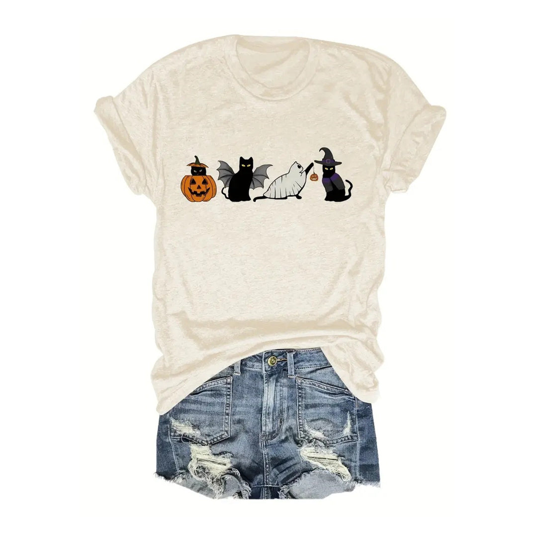 Halloween Black Cat And Pumpkin Printed Round Neck Short Sleeve