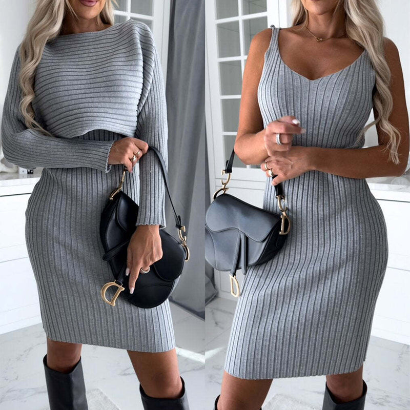 Women's Solid Stripe Long-sleeved 2pcs Suit. Top And Dress.  Autumn/Winter Slim Flitting Clothing