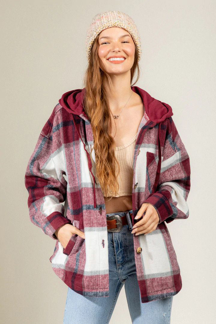 Women's Fashion Hooded Plaid Shirt Woolen Coat