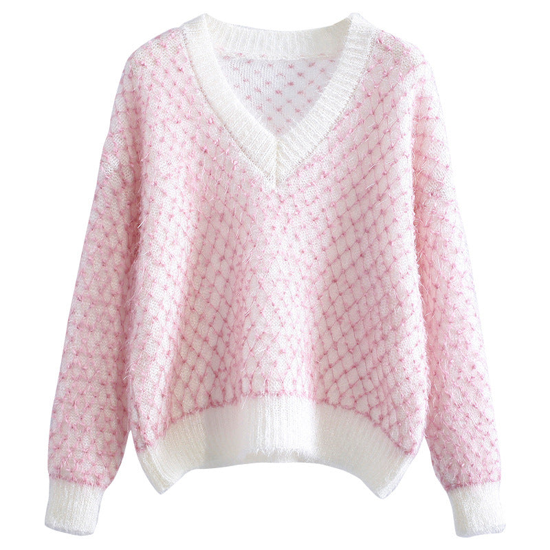 Women's Fashion Loose Plaid Knit Sweater